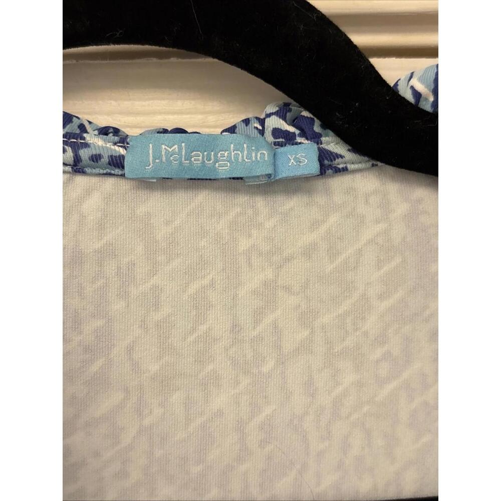 J Mclaughlin XS Blue Patterned Ruffle Neck 3/4 Sleeve Top - Picture 6 of 8